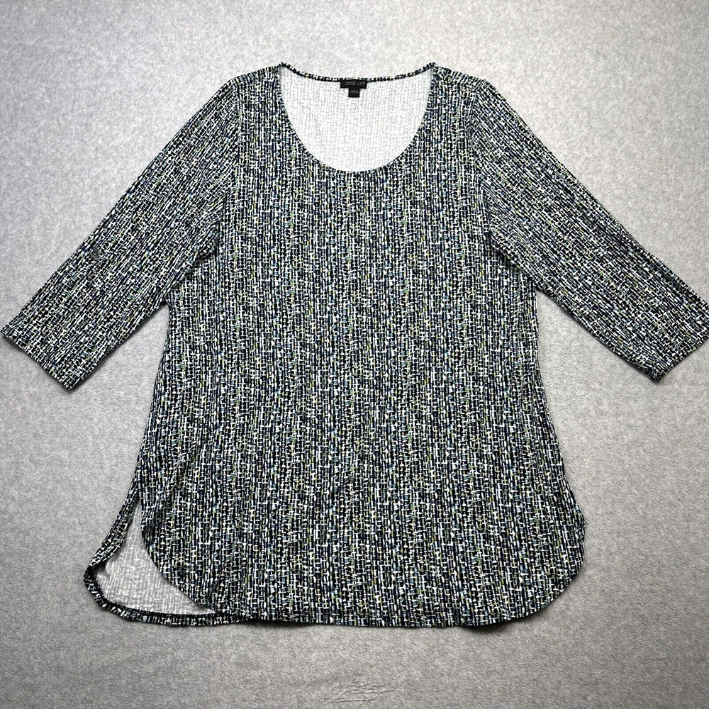 J Jill Wearever Shirt Women Large Blue Green Geometric Roll Tab Sleeve Tunic